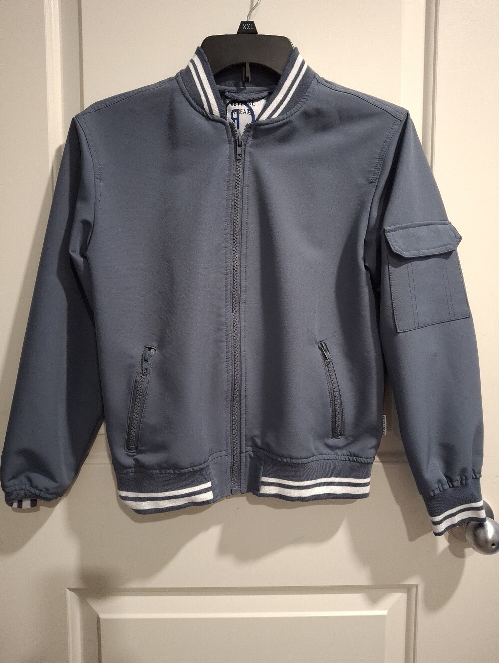Reverse Treads  Dusty Blue Bomber Jacket with Striped Ribbing Size 10/12 Years M